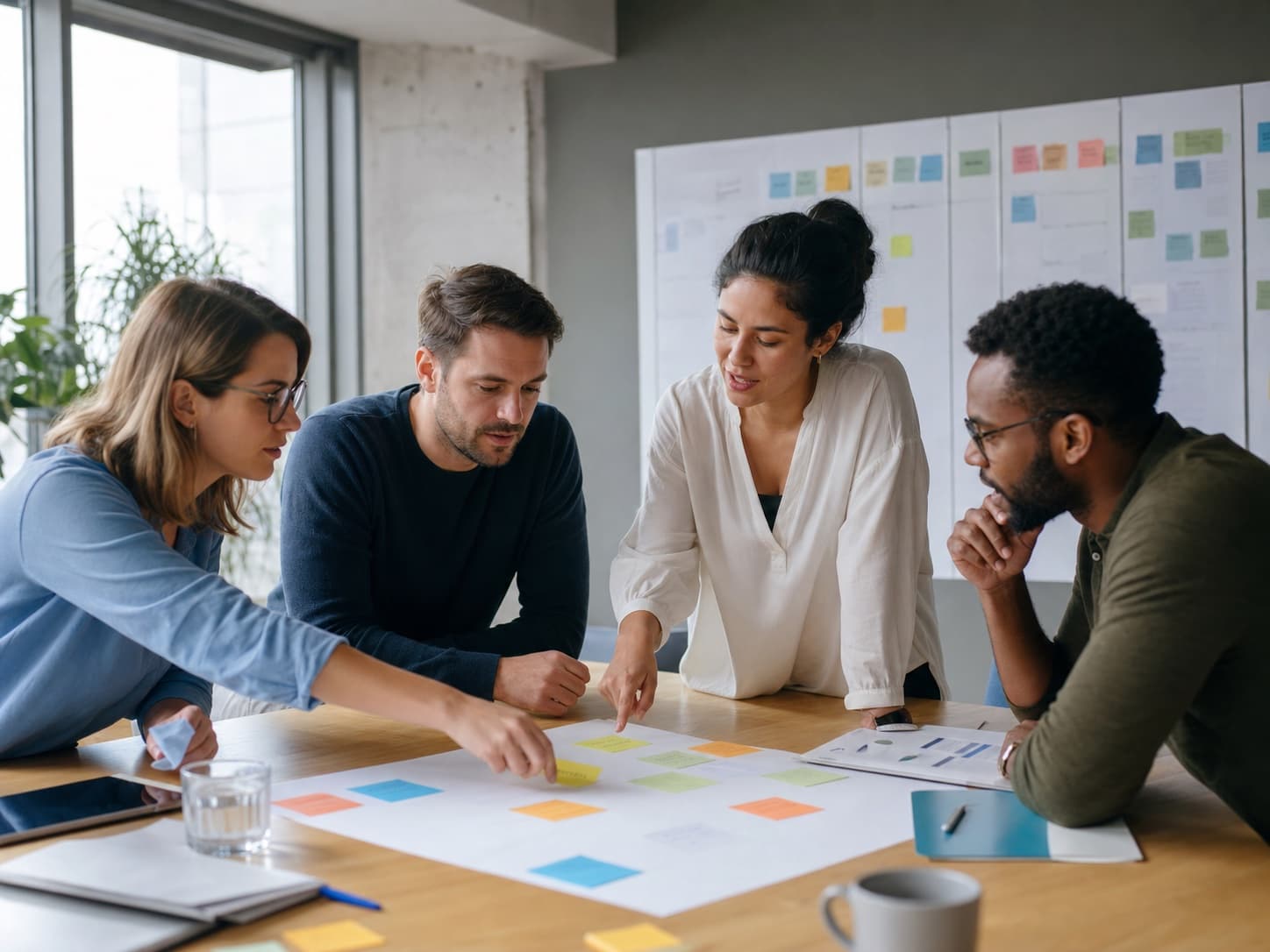 Vier Kolleginnen und Kollegen priorisieren gemeinsam Aufgaben in einem Change-Workshop.