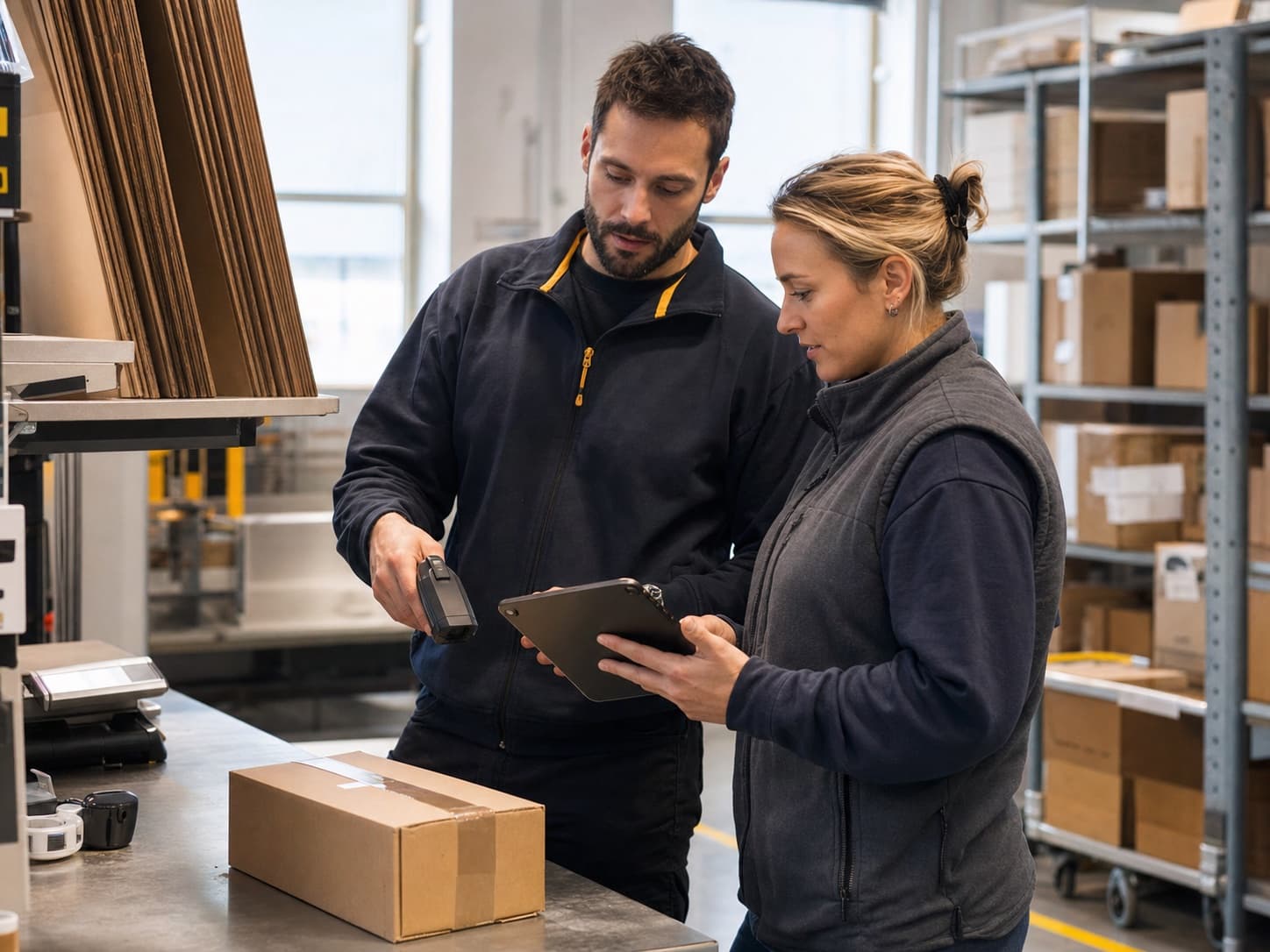 Zwei Mitarbeitende üben einen neuen digitalen Ablauf an einem Packplatz.
